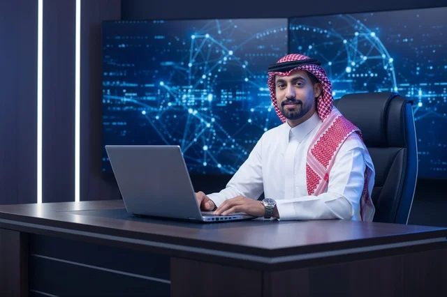 رجل أعمال سعودي يعمل على المحمول في مكتب تقني