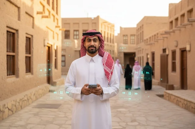 رجل سعودي بالزي التقليدي يحمل هاتفاً في قرية تراثية