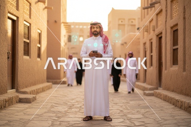 رجل سعودي بالثوب التقليدي يستخدم الهاتف في ممر تاريخي
