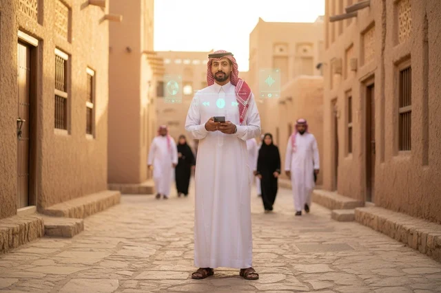 Saudi Man with Smartphone in Traditional Alleyway