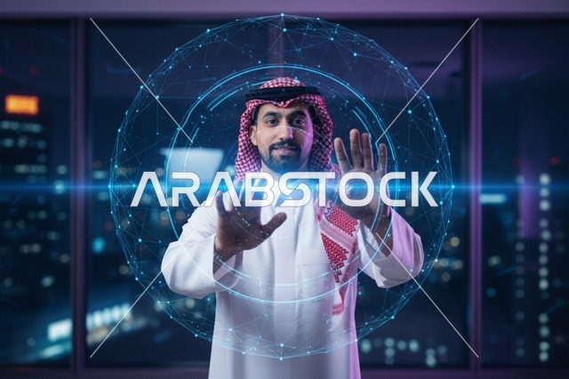 رجل أعمال سعودي يتفاعل مع هولوغرام ثلاثي الأبعاد