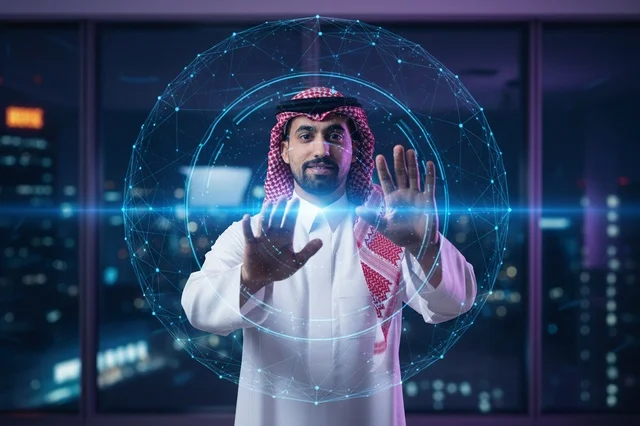 Saudi Businessman With Interactive Digital Hologram