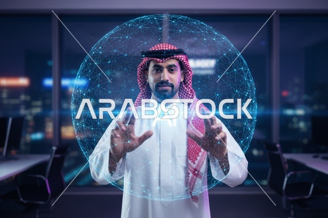 رجل سعودي يرتدي الثوب يتفاعل مع هولوجرام الذكاء الاصطناعي