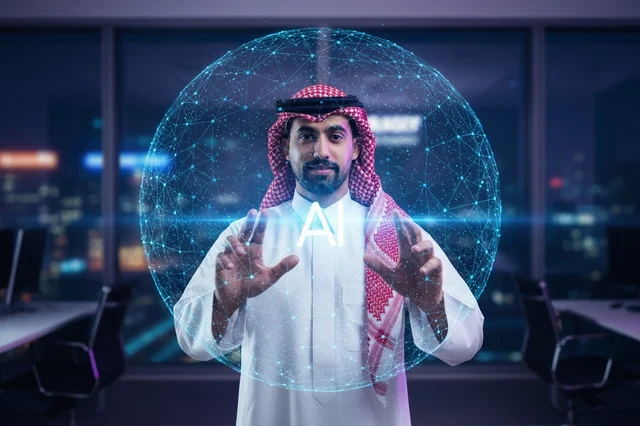 Saudi Man in Traditional Thobe with AI Hologram in Office