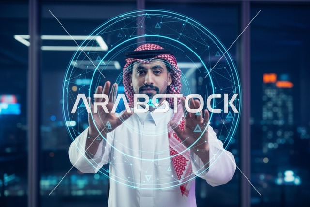 رجل سعودي يتفاعل مع هولوجرام ذكاء اصطناعي مستقبلي
