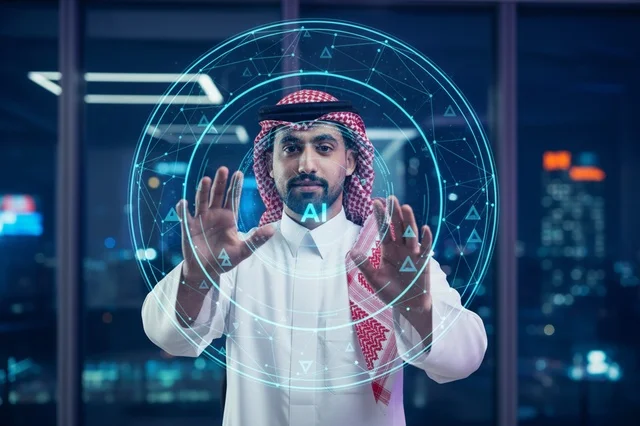 رجل سعودي يتفاعل مع هولوجرام ذكاء اصطناعي مستقبلي