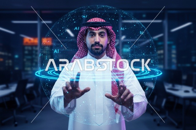 رجل أعمال سعودي يتفاعل مع هولوغرام الذكاء الاصطناعي