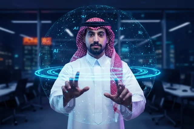 Saudi Man Interacting with Futuristic AI Hologram
