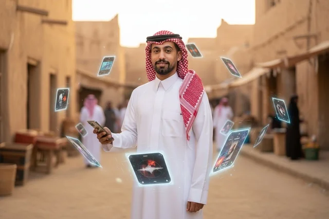 رجل سعودي يستخدم التكنولوجيا الحديثة في قرية تراثية
