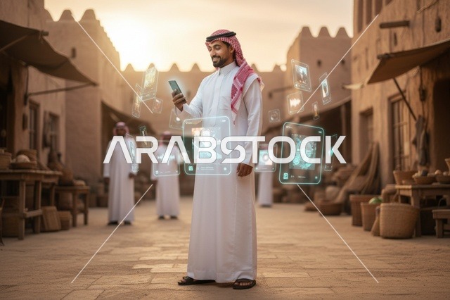 رجل سعودي يستخدم تقنية الهولوغرام الذكية في سوق تراثي قديم