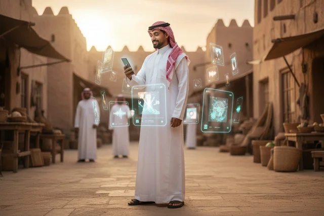 رجل سعودي يستخدم تقنية الهولوغرام الذكية في سوق تراثي قديم