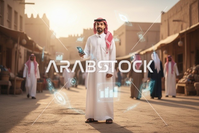 رجل سعودي يستخدم تقنية الهولوغرام في سوق تراثي قديم