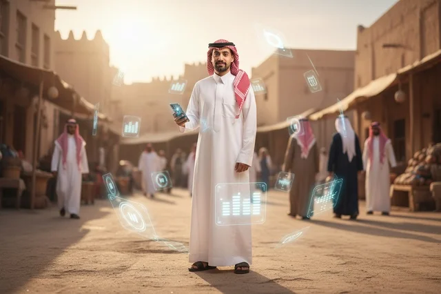 رجل سعودي يستخدم تقنية الهولوغرام في سوق تراثي قديم