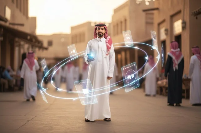 رجل عربي مع شاشات هولوجرام رقمية في شارع تراثي