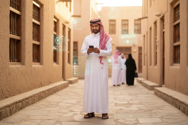 رجل إماراتي باللباس التقليدي يتصفح هاتفه في حي تراثي