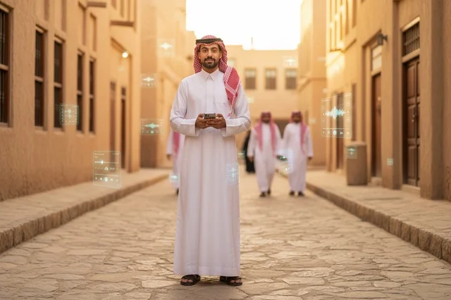 رجل سعودي بالزي التقليدي يحمل هاتف ذكي في قرية تراثية