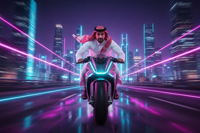 رجل سعودي يقود دراجة نارية مستقبلية في مدينة نيون