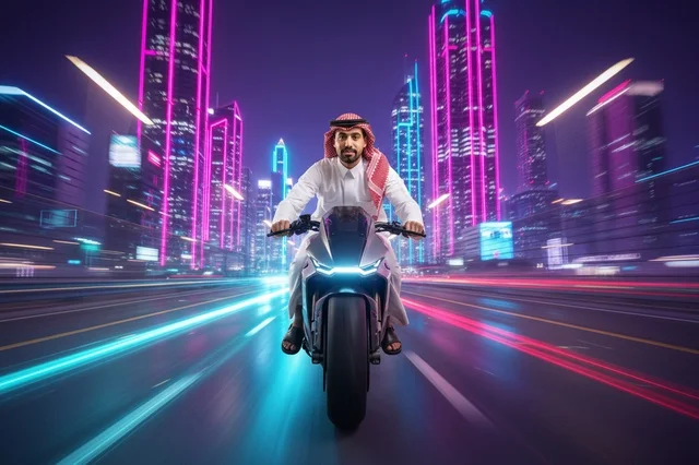 رجل سعودي يقود دراجة نارية مستقبلية في مدينة نيون