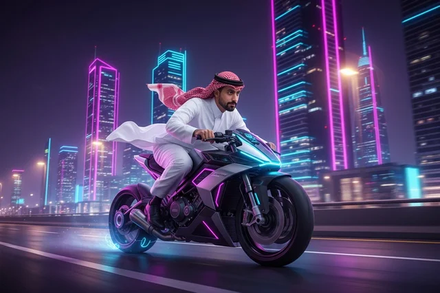 رجل سعودي يقود دراجة نارية مستقبلية في مدينة نيون