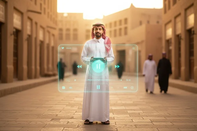 Saudi Man with Futuristic Hologram in Heritage Village