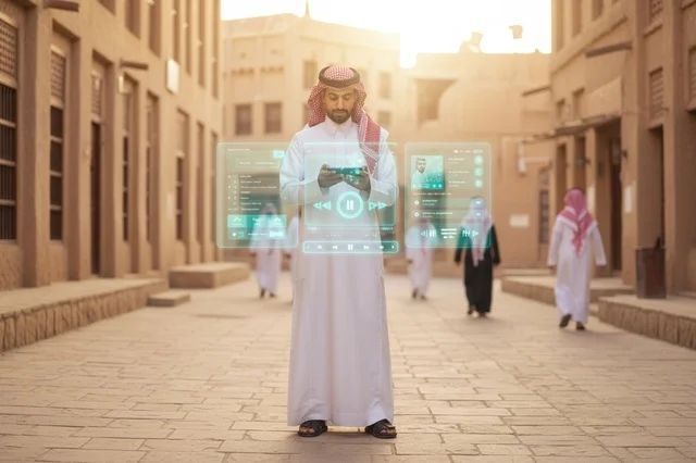 رجل إماراتي يتفاعل مع شاشات هولوجرام في حي تراثي قديم