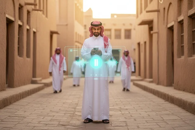 رجل سعودي بالزي التقليدي مع واجهة رقمية في قرية تراثية