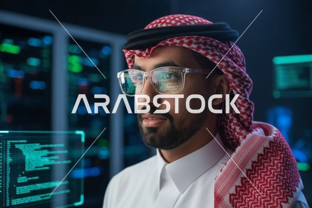 مبرمج سعودي في غرفة الخوادم مع انعكاس لرموز البرمجة