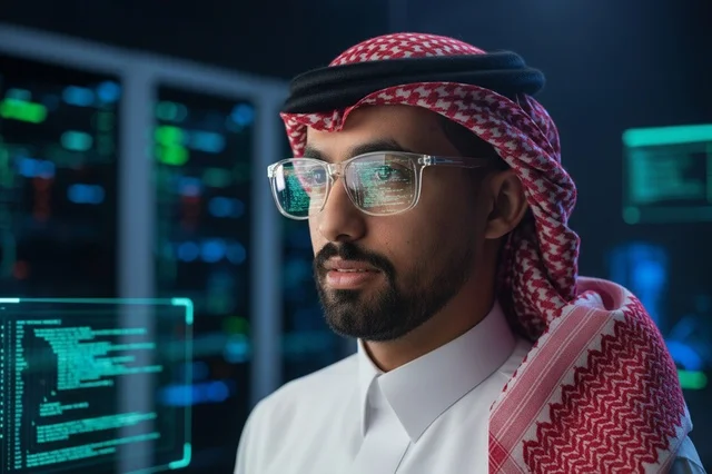 Saudi Programmer in Server Room with Code Reflection