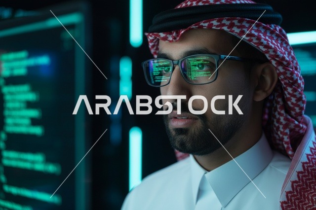 Saudi Programmer Analyzing Code with Screen Reflection