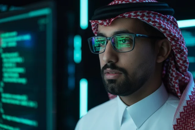 مبرمج سعودي متخصص في الأمن السيبراني أمام الشاشة