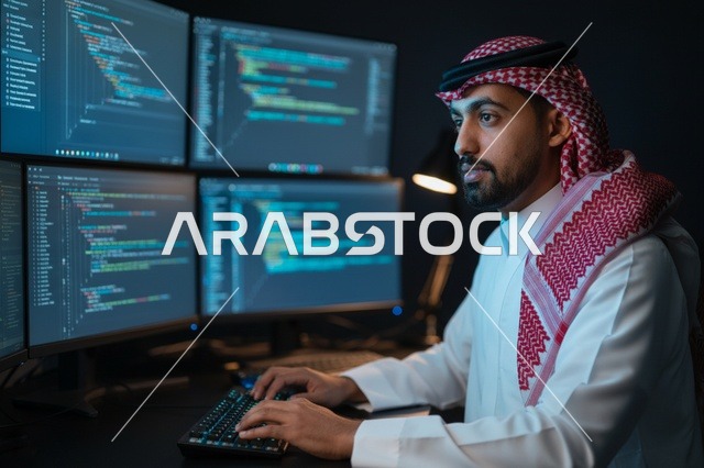 Saudi Arab Software Developer Coding on Multiple Screens