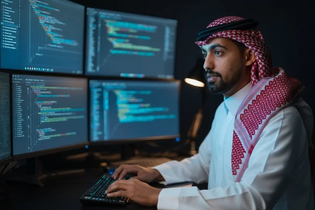 مبرمج سعودي يكتب أكواد برمجية أمام شاشات متعددة