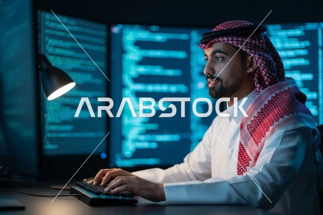 مبرمج ومطور برمجيات سعودي يعمل على الكمبيوتر ليلا