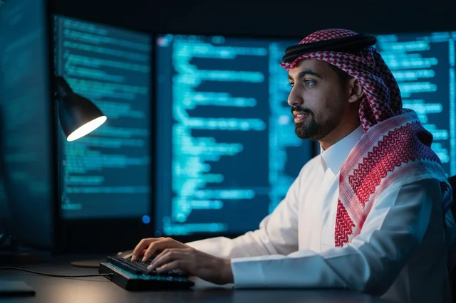 مبرمج ومطور برمجيات سعودي يعمل على الكمبيوتر ليلا
