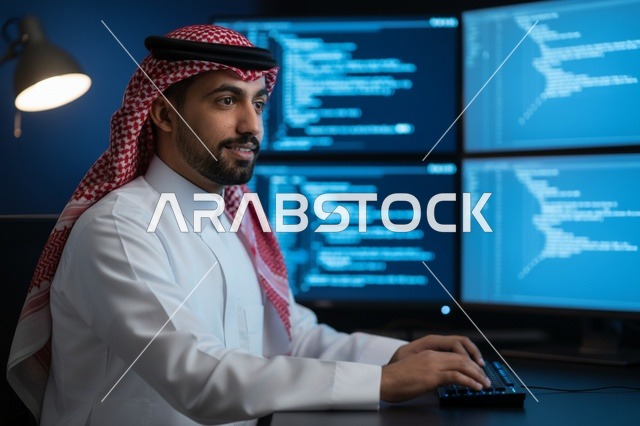 مهندس برمجيات سعودي يعمل على الكود في مكتبه ليلا