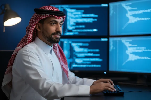 مهندس برمجيات سعودي يعمل على الكود في مكتبه ليلا