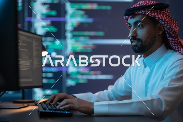 Saudi Programmer Working on Code at Computer Screens