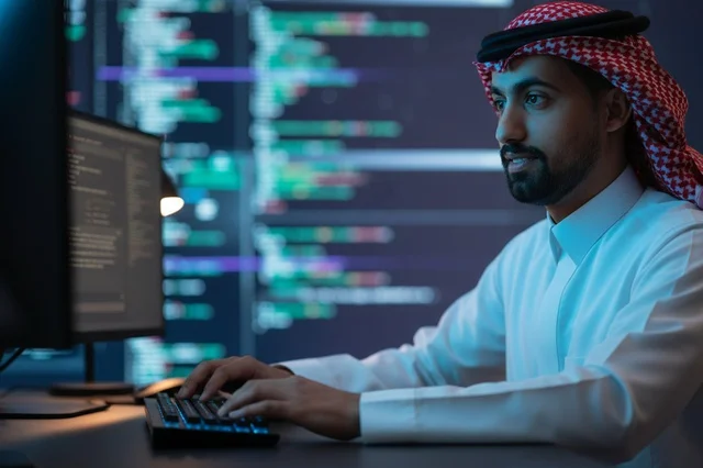 مبرمج سعودي يعمل على شاشات الكمبيوتر في المكتب