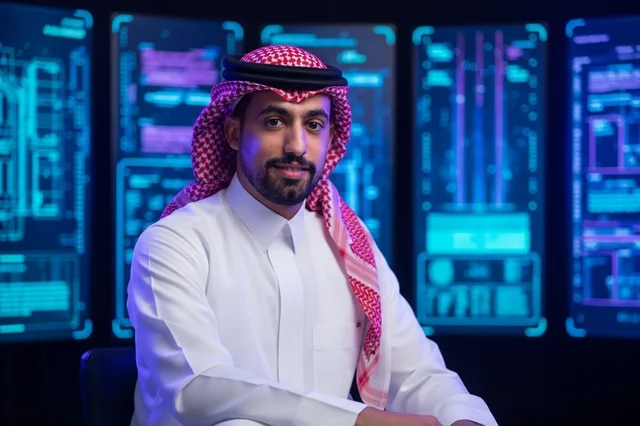 Saudi Businessman in Front of Digital Tech Screens