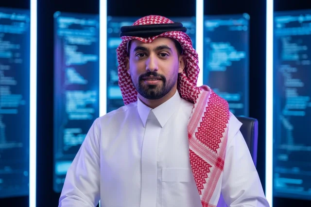 مبرمج سعودي بالزي التقليدي في مكتب تقني حديث