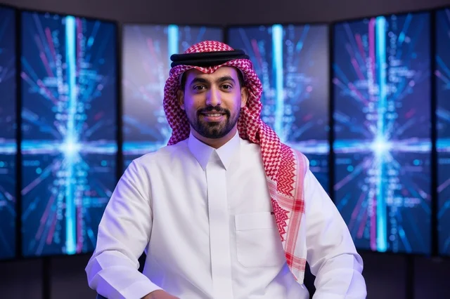 رجل سعودي بالزي التقليدي أمام شاشات رقمية متطورة