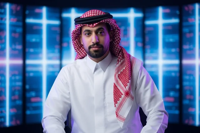 Saudi Man in Traditional Thobe with Futuristic Screen