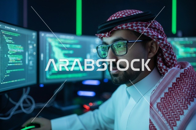 Saudi Programmer Looking at Coding Screens in Dark Office
