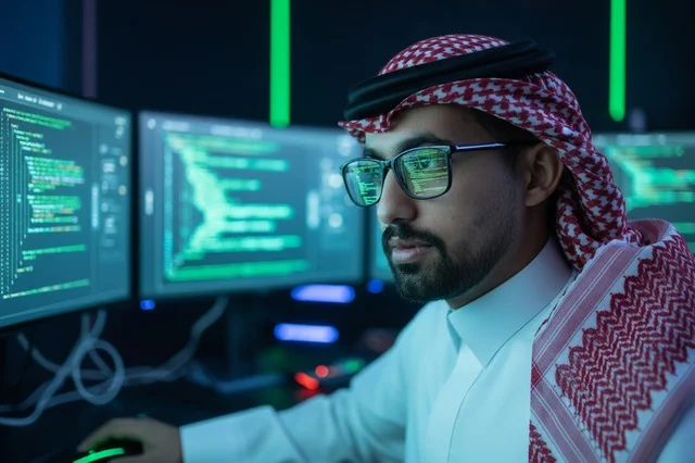 مبرمج سعودي أمام شاشات الكمبيوتر والأكواد البرمجية