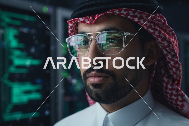 مبرمج سعودي في غرفة الخوادم مع انعكاس البيانات على نظارته