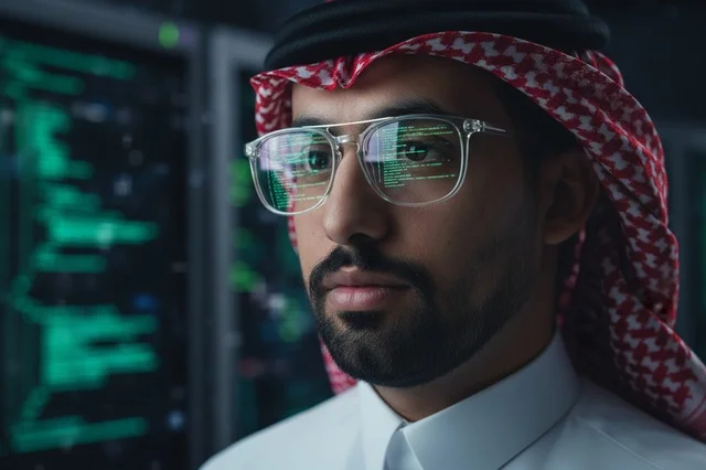 مبرمج سعودي في غرفة الخوادم مع انعكاس البيانات على نظارته