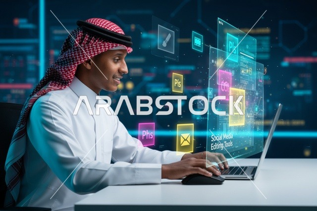 رجل سعودي يستخدم اللابتوب مع واجهة هولوغرام رقمية