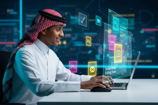 رجل سعودي يستخدم اللابتوب مع واجهة هولوغرام رقمية