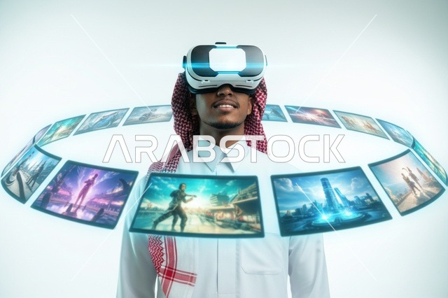 رجل سعودي بالثوب والشماغ يرتدي نظارة الواقع الافتراضي