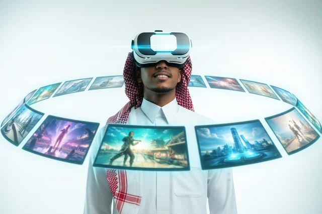 رجل سعودي بالثوب والشماغ يرتدي نظارة الواقع الافتراضي